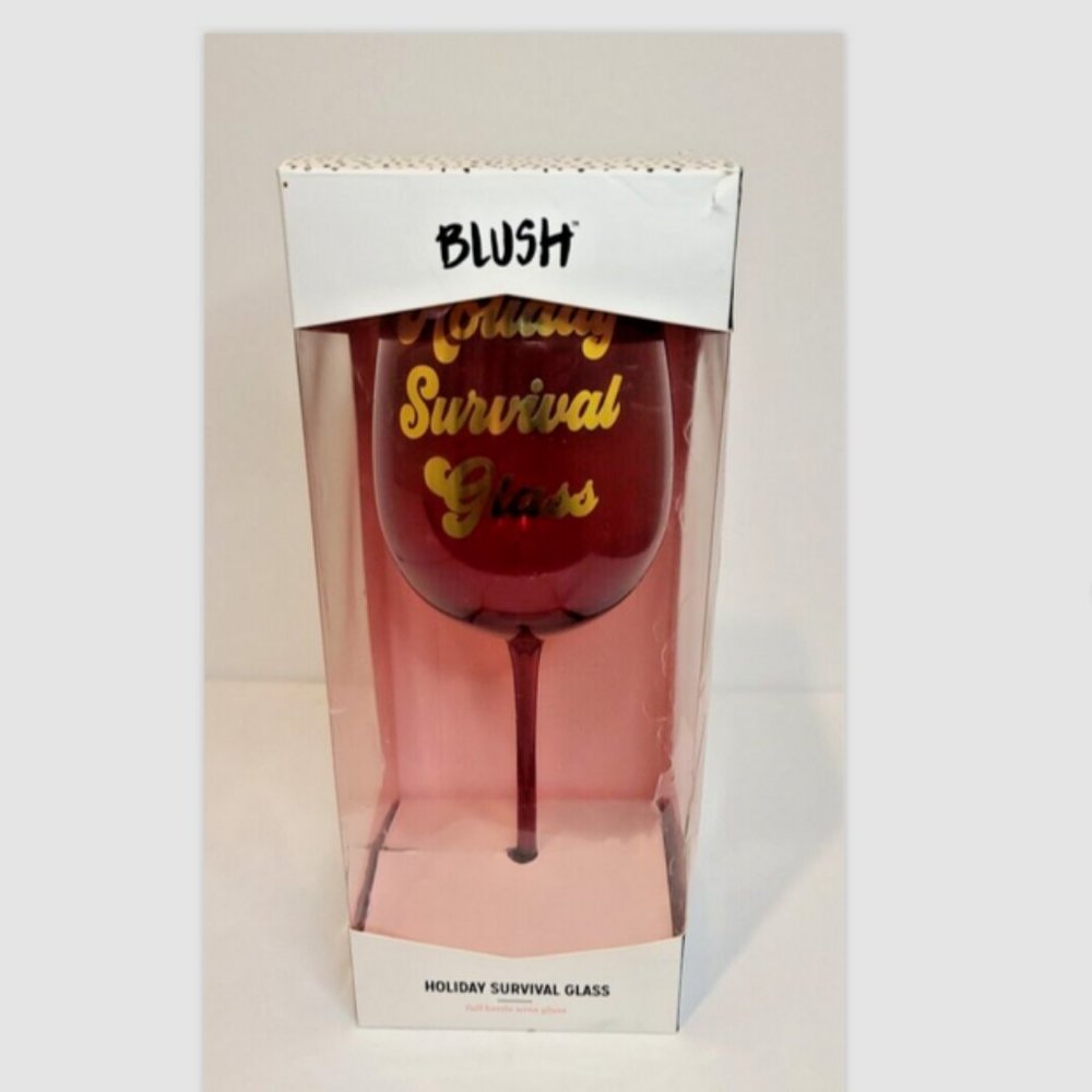 RED AND GOLD "HOLIDAY SURVIVAL GLASS" FULL BOTTLE WINE GLASS BY BLUSH